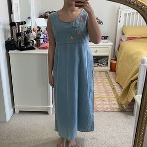 Vintage Denim Dress PM 100% Cotton Scoop Neck Tie Back Blue Embroidered Floral